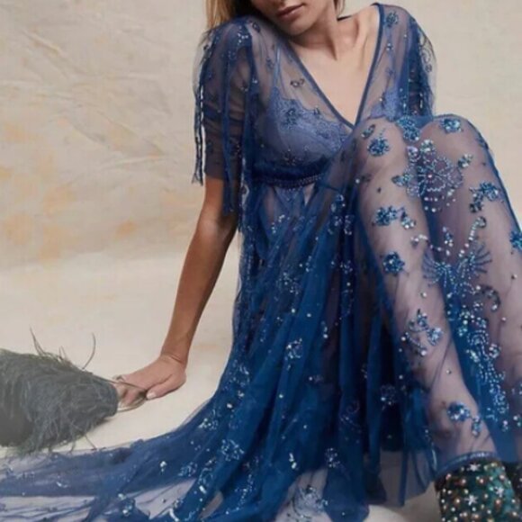 NEW‎ Free People Sequin Maxi Lace Blue Dress 4